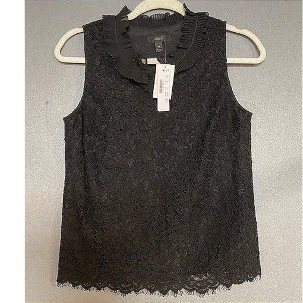 J.Crew Women's Petite Small  Black Floral Lace Sleeveless Top Ruffle Nec NWT